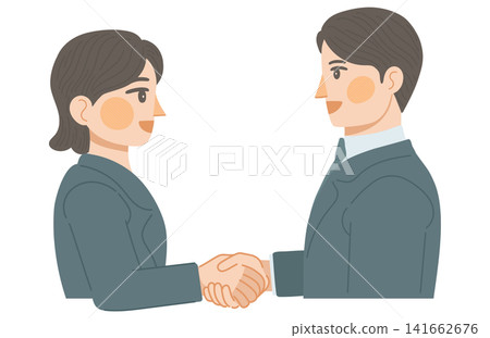 一幅插圖,描繪了一名男性和一名女性辦公室職員面帶微笑地握手。 一幅插圖,描繪了一名男性和一名女性辦公室職員面帶微笑地握手。 141662676