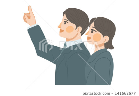 An illustration of a male office worker smiling and pointing upwards, and a female office worker smiling and looking up in that direction. An illustration of a male office worker smiling and pointing upwards, and a female office worker smiling and looking up in that direction. 141662677