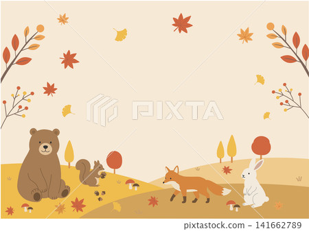 Autumn Themes: Autumn Banner Illustration - Simple Flat Design - Forest Animals, Autumn Landscape, and Autumn Fruits Autumn Themes: Autumn Banner Illustration - Simple Flat Design - Forest Animals, Autumn Landscape, and Autumn Fruits 141662789