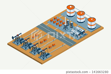 Isometric Oil Extraction Facility with Pump Jacks, Storage Tanks, Pipelines and Processing Equipment Isometric Oil Extraction Facility with Pump Jacks, Storage Tanks, Pipelines and Processing Equipment 141663280