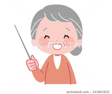 插圖:一位老婦人面帶微笑,手持指示棒,一邊講解一邊說話。 插圖:一位老婦人面帶微笑,手持指示棒,一邊講解一邊說話。 141663820