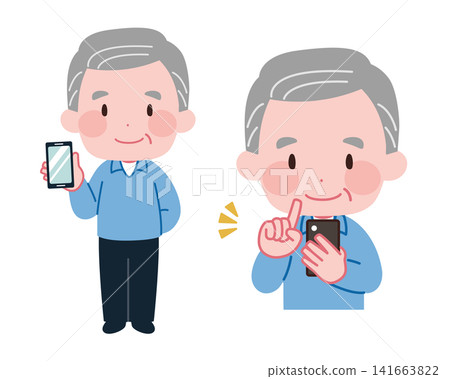 Illustration material of a senior man operating a smartphone Illustration material of a senior man operating a smartphone 141663822