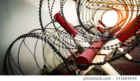 Close up razor barbed wire fence on red and white security barrier protecting a restricted military or industrial area, symbolizing danger, surveillance, perimeter defense and prohibited access 141664049
