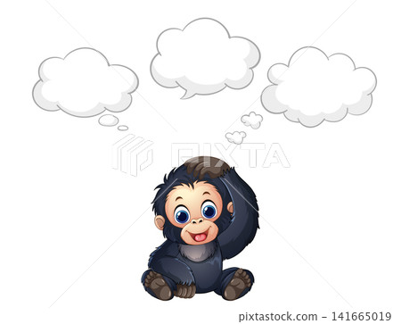 Cartoon Gorilla Character Thinking with Empty Speech and Thought Bubbles Cartoon Gorilla Character Thinking with Empty Speech and Thought Bubbles 141665019