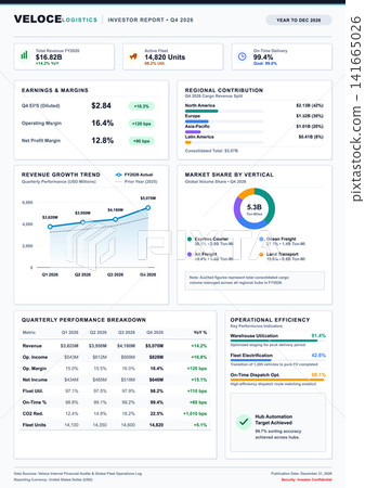 Logistics Company Investor Dashboard with Financial Performance Charts and Data Logistics Company Investor Dashboard with Financial Performance Charts and Data 141665026