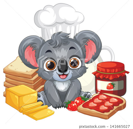 Cartoon Koala Chef with Bread Jam and Butter Breakfast Illustration 141665027