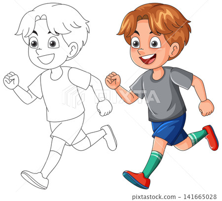 Vector Illustration of a Happy Boy Running with Coloring Page Version Vector Illustration of a Happy Boy Running with Coloring Page Version 141665028