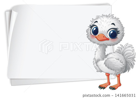 Cute Cartoon Baby Ostrich Standing Beside Blank White Paper Banner Cute Cartoon Baby Ostrich Standing Beside Blank White Paper Banner 141665031