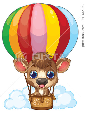 Cartoon Baby Cow Flying in a Colorful Hot Air Balloon Cartoon Baby Cow Flying in a Colorful Hot Air Balloon 141665049