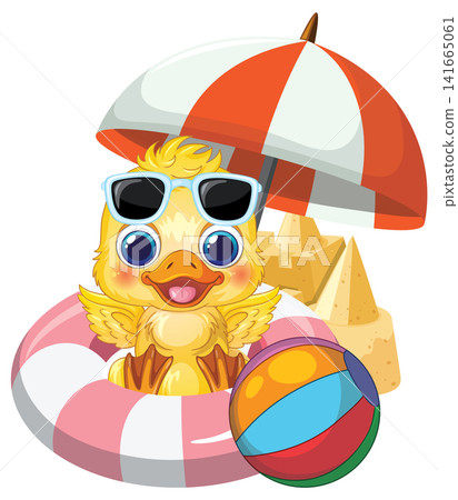 Cute Cartoon Duckling with Beach Accessories and Sandcastle Vector Illustration Cute Cartoon Duckling with Beach Accessories and Sandcastle Vector Illustration 141665061