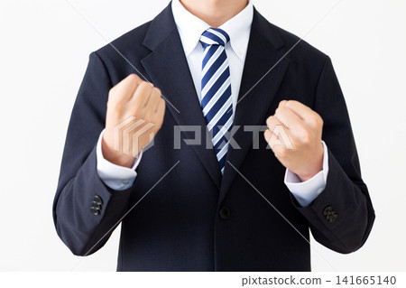 A young businessman in a suit makes a triumphant gesture. A young businessman in a suit makes a triumphant gesture. 141665140
