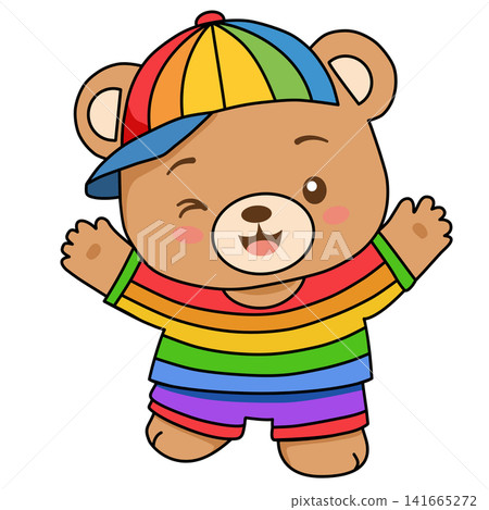Happy cute teddy bear wearing rainbow cap and striped shirt for LGBT pride month kids birthday summer holiday sticker print visual graphic clipart artwork design icon element 141665272