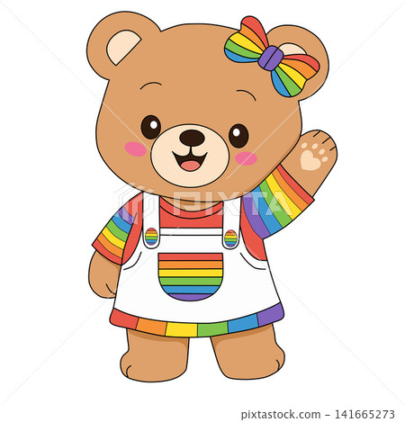 Cute teddy bear character with rainbow hair bow wearing white overalls for LGBT pride month kids room baby shower sticker print visual graphic clipart artwork design icon element Cute teddy bear character with rainbow hair bow wearing white overalls for LGBT pride month kids room baby shower sticker print visual graphic clipart artwork design icon element 141665273