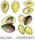 Fresh green avocado slices halves with seed and whole fruits set organic superfood healthy nutrition vegan raw diet ingredient clipart artwork graphic icon photography asset 141665425