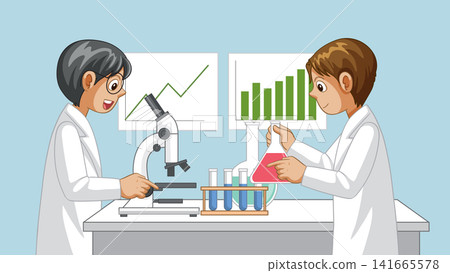 Two Young Scientists Conducting Experiments with Microscope and Chemical Flasks Two Young Scientists Conducting Experiments with Microscope and Chemical Flasks 141665578
