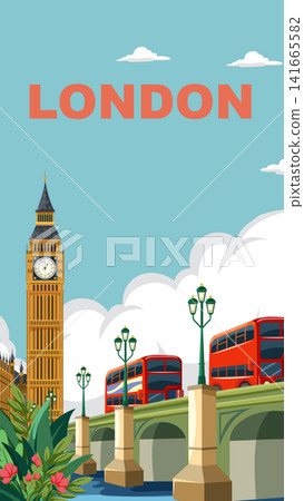 Vintage Style London Travel Poster with Big Ben and Red Buses Vintage Style London Travel Poster with Big Ben and Red Buses 141665582