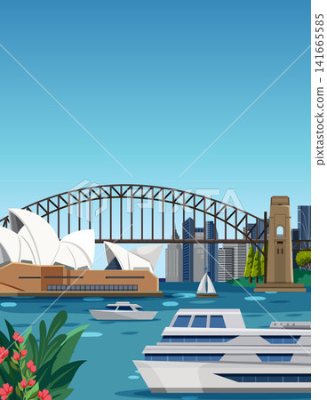 Flat Vector Art of Sydney Cityscape with Boats and Landmark Bridge Flat Vector Art of Sydney Cityscape with Boats and Landmark Bridge 141665585