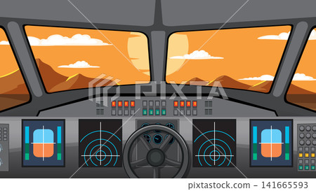 Airplane Cockpit View with Instrument Panel and Sunset Landscape Airplane Cockpit View with Instrument Panel and Sunset Landscape 141665593