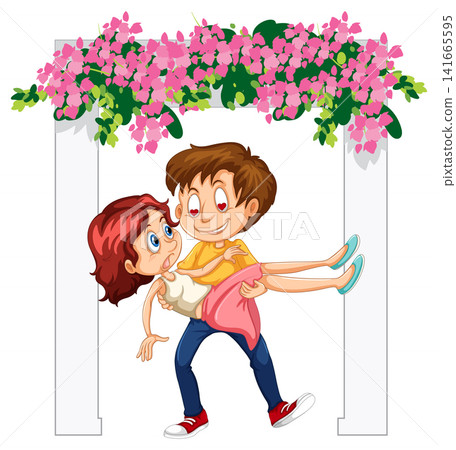 Cartoon Man Carrying Woman Under Floral Archway Illustration Cartoon Man Carrying Woman Under Floral Archway Illustration 141665595