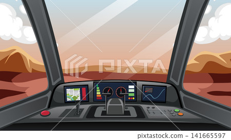 Spaceship Cockpit View Overlooking a Red Desert Planet Surface Spaceship Cockpit View Overlooking a Red Desert Planet Surface 141665597