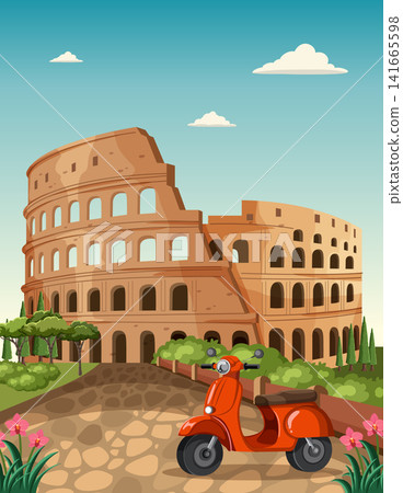 Stylized Vector Illustration of the Roman Colosseum and Red Moped 141665598