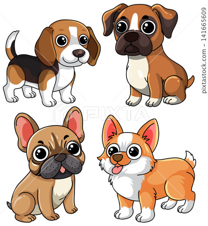 Set of Four Cute Cartoon Puppy Dog Breeds Vector Illustration Set of Four Cute Cartoon Puppy Dog Breeds Vector Illustration 141665609