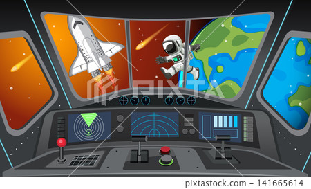Spaceship Cockpit View with Astronaut and Shuttle Orbiting Earth Vector Illustration Spaceship Cockpit View with Astronaut and Shuttle Orbiting Earth Vector Illustration 141665614