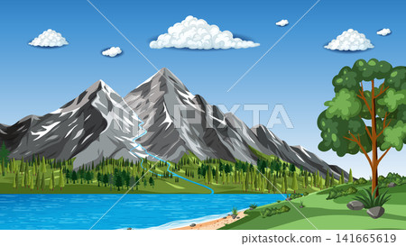 Vector Illustration of Snow Capped Mountain Peaks and Blue Lake Vector Illustration of Snow Capped Mountain Peaks and Blue Lake 141665619
