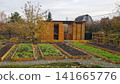 Wooden garden shed beside vegetable beds with autumn foliage in rural landscape 141665776