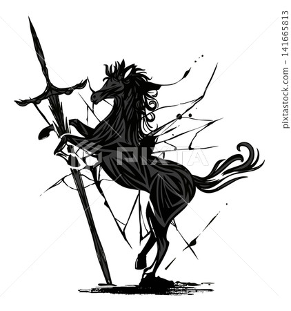 Artistic silhouette painting of a leaping horse, sword, and cracks Artistic silhouette painting of a leaping horse, sword, and cracks 141665813
