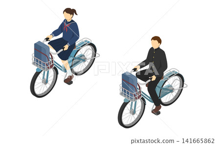 Isometric illustration: Middle school boys and girls riding bicycles (front view, winter clothes) Isometric illustration: Middle school boys and girls riding bicycles (front view, winter clothes) 141665862