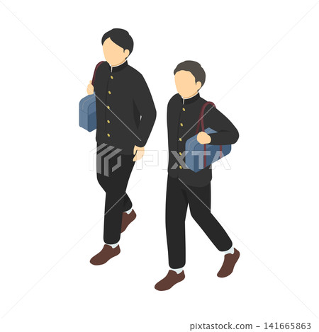 Isometric illustration: Two middle school boys walking (in winter clothes) Isometric illustration: Two middle school boys walking (in winter clothes) 141665863