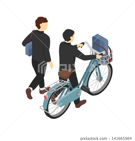 Isometric illustration: A middle school boy walking and another middle school boy pushing a bicycle (winter clothes). 141665864