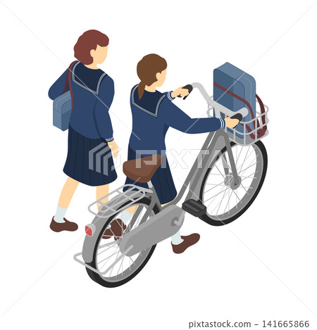等距插圖:一名國中女生行走,另一名國中女生推著自行車(背景穿著冬季服裝)。 等距插圖:一名國中女生行走,另一名國中女生推著自行車(背景穿著冬季服裝)。 141665866