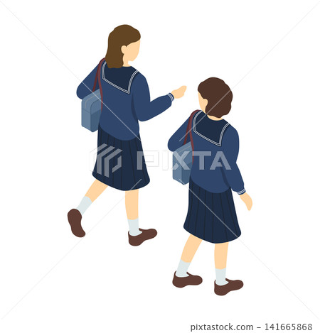 Isometric illustration: Two middle school girls walking (in winter clothes, in the background) 141665868