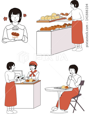一組女性顧客在麵包店購物的照片。 一組女性顧客在麵包店購物的照片。 141666104