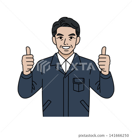 Male boss in navy work clothes, giving a thumbs-up gesture. 141666250
