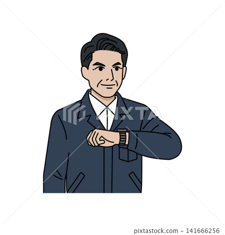 身穿海軍藍工作服的男老闆正在看手錶。 身穿海軍藍工作服的男老闆正在看手錶。 141666256