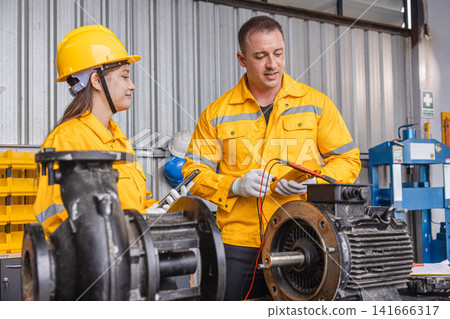 Engineer Checking DC Motor, Technician Man in Garage check inspecting service maintenance Stator. Engineer Checking DC Motor, Technician Man in Garage check inspecting service maintenance Stator. 141666317