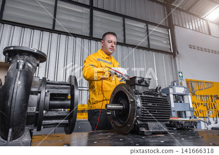 Engineer Checking DC Motor, Technician Man in Garage check inspecting service maintenance Stator. Engineer Checking DC Motor, Technician Man in Garage check inspecting service maintenance Stator. 141666318