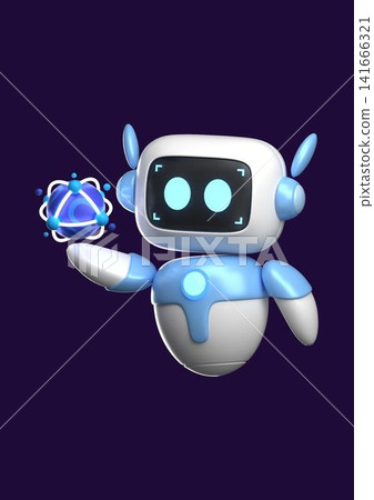 Cute 3D AI robot character holding a glowing futuristic tech sphere on dark background Cute 3D AI robot character holding a glowing futuristic tech sphere on dark background 141666321