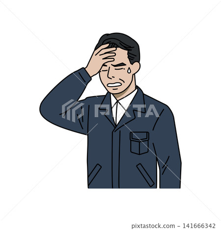 身穿海軍藍工作服的男老闆——神情憂慮,心事重重。 身穿海軍藍工作服的男老闆——神情憂慮,心事重重。 141666342
