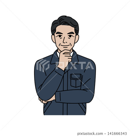 身穿海軍藍工作服的男老闆點頭表示同意。 身穿海軍藍工作服的男老闆點頭表示同意。 141666343