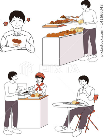 A set of images of a male customer shopping at a bakery. 141666348