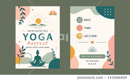 Modern flat yoga retreat invitation flyer template with front and back design. Minimal wellness poster Modern flat yoga retreat invitation flyer template with front and back design. Minimal wellness poster 141666804