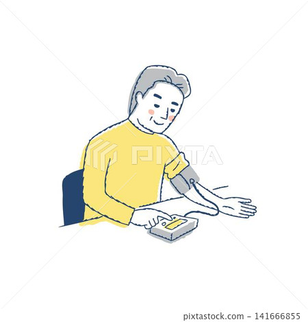 一位老年男子正在使用血壓計測量血壓。 一位老年男子正在使用血壓計測量血壓。 141666855