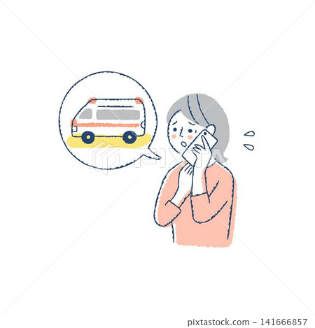A woman calling an ambulance using her smartphone. A woman calling an ambulance using her smartphone. 141666857