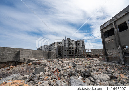 Gunkanjima, Hashima, Nagasaki, Japan, ruins, concrete building, apartment, breakwater, concrete wall, Gunkanjima, Hashima, Nagasaki, Japan, ruins, concrete building, apartment, breakwater, concrete wall, 141667607