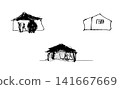 A set of three monochrome hand-drawn line drawings of houses. A set of three monochrome hand-drawn line drawings of houses. 141667669