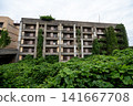 Thick green vines climbing up the side wall of the coal mine apartments on Ikeshima Island 141667708